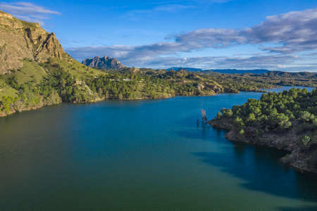 Aerial photo of Reservoir Alfonso XIII in mountains of Calaspara, Murcia, Spain. The concept of ecological and active tourism.の写真素材