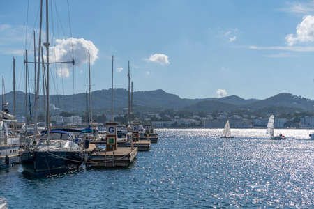 Moored nautical vessels at sea port San Antonio de Portmany, Balearic Islands, Ibiza, Spain. Sunny spring day.のeditorial素材
