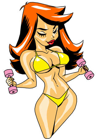 pin up fitness girl in bikini with dumbbellsのイラスト素材