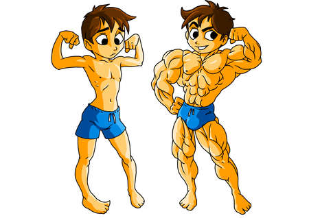cartoon bodybuilder before and after workoutのイラスト素材