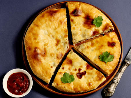Khachapuri in Ossetian style-with tender Imereti cheese and juicy beef meat, spicy spices and finely chopped herbs. Cut into pieces. Georgian cuisine.の写真素材