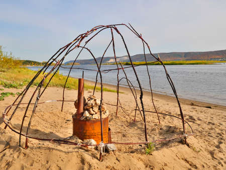 Volga river, sandy beach, on a Sunny autumn day, homemade sauna,の写真素材