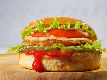Burger with cutlet, cheese, tomatoes and cucumber Close-up, close-up, Macrophotography, Proper, nutrition,の写真素材
