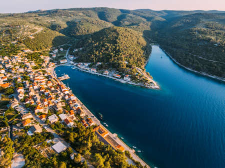Aerial - High ange view of village. Small Adriatic town