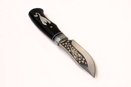 Knife with a black handle of wood, with images of a scorpion on the handle and blade, on a white...