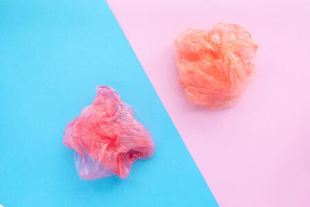 Crumpled plastic bags. Garbage sorting and conservation ecology concept. Flatlay composition.
