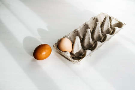 Raw brown eggs inside and outsideof carton eco box. Organic eco food concept.の写真素材