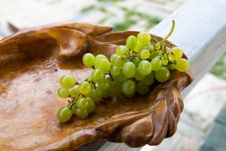 A bunch of eco ripe grapes on a wooden plate at the wineryの写真素材
