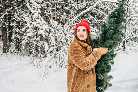 Christmas lifestyle. Stylish young woman carries a Christmas tree in the winter forest. Looking side, copy space for textの写真素材
