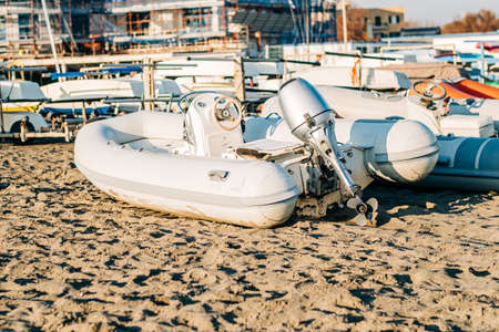 Inflatable motorboat on the beachの写真素材