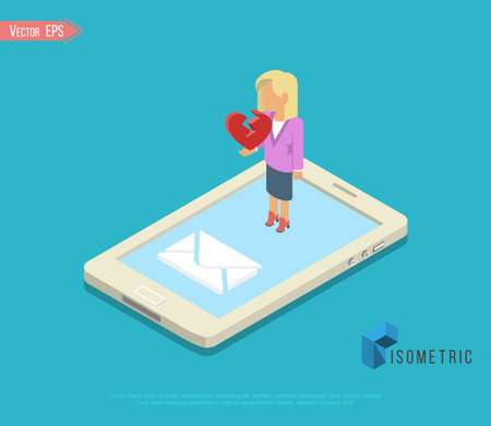 Man holding flowers behind his back and standing in front of woman. Valentines day, online dating isometric illustration conceptのイラスト素材