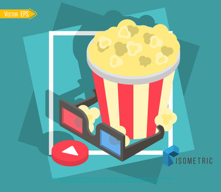 Online cinema tickets ordering, food. Delivery online service, Flat 3d isometric illustration.のイラスト素材