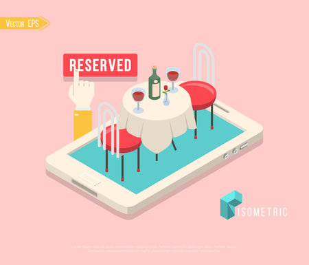 Flat isometric restaurant table on smartphone vector illustration. 3d isometry online mobile reservation app concept.のイラスト素材