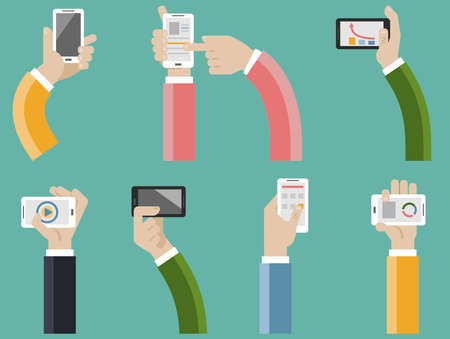 Vector set of flat hand icons holding various hi-tech computer and communication devices