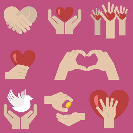 Charity infographics with 6 charitable purposes as options and illustration concept of hands holding heart, vector template for graph.のイラスト素材