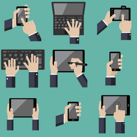 Vector set of flat hand icons holding various hi-tech computer and communication devices iconのイラスト素材