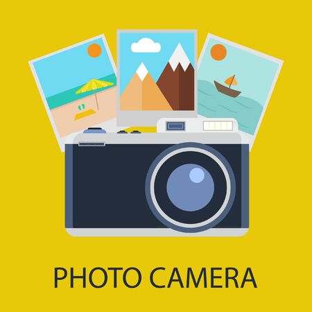 Abstract vector illustration of pictures and photo camera, travel and vacation concept.