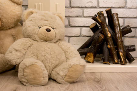 Teddy bear sitting near the firewoodの写真素材
