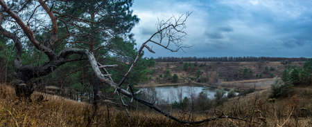 Lake landscape in autumn forest, evening on cloudy dayの写真素材
