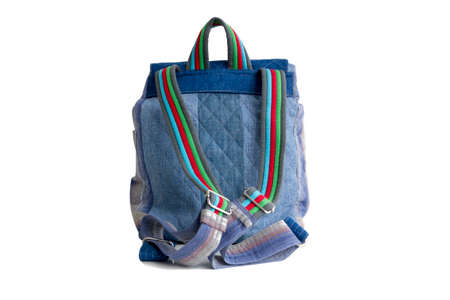 Blue school backpack isolated on white background, back view