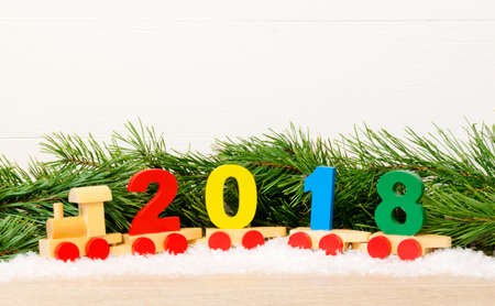 Toy train with 2018. Copy space. Christmas decorationの写真素材