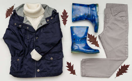 Top view fashion trendy look of kids clothes. Kids fashion. Spring, autumn outfit
