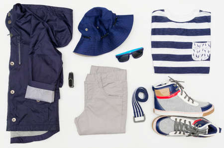 Top view fashion trendy look of kids clothes. Kids fashion. Spring, autumn outfit.の写真素材