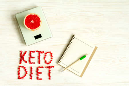 Keto, ketogenic diet concept background.Mock up for healthy weight loss meal plan. flat layの写真素材