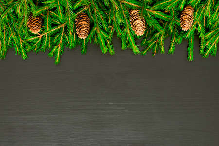 Christmas Border made of natural fir tree branches on black, Flat lay mock-up for restaurant menu