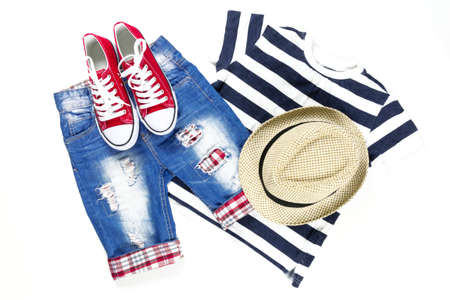 Collage of children clothing in marine style. Summer, spring boy outfit. Fashion trendy look.