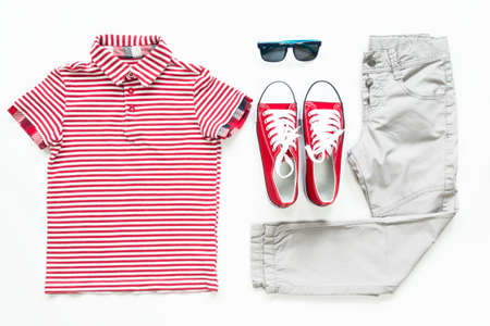 travel, summer vacation, tourism and objects concept - close up of folded clothesの写真素材