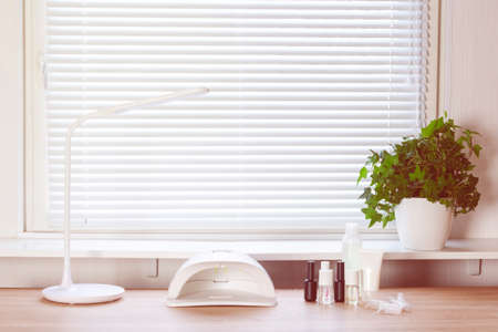 Interior of empty modern manicure work place. Home Work places for masters of manicureの写真素材