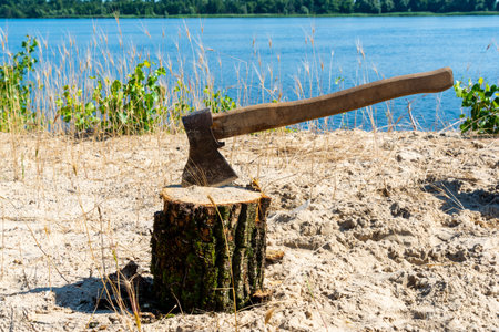 ax in log near river in summer on restの写真素材