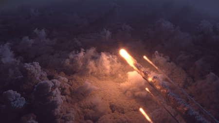 Meteors flying over the clouds 3d illustrationの写真素材