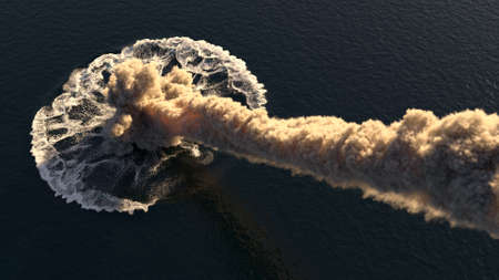 Meteorite falls into the ocean 3d illustrationの写真素材