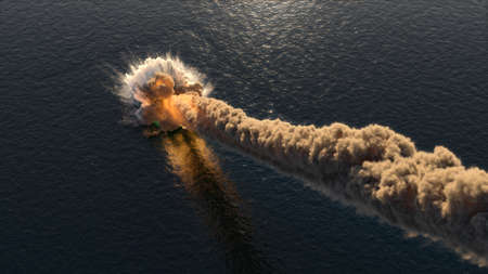 Meteorite falls into the ocean 3d illustrationの写真素材
