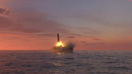 Ballistic missile launch from underwater at sunsetの写真素材