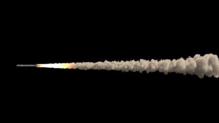 Flying rocket on black background 3d illustrationの写真素材