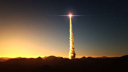 Rocket start on sunset 3d illustrationの写真素材