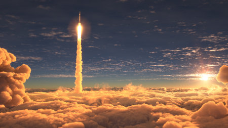 Rocket flies through the clouds at sunset 3d illustrationの写真素材