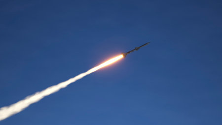 Cruise missile launch on blue background 3d illustrationの写真素材