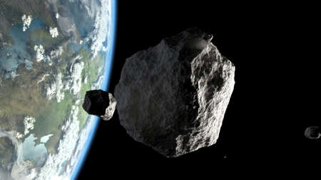 big and small asteroids on Earth orbit 3d illustration