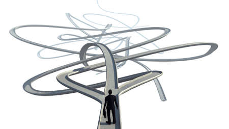 Businessman chooses the path strategy on whiteの写真素材