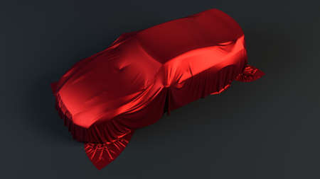 new car is covered with red drapery 3d illustrationの写真素材
