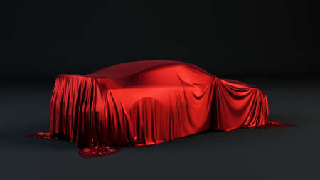 new car is covered with red drapery 3d illustrationの写真素材