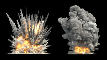 Big explosions on ground on black backgroundの写真素材