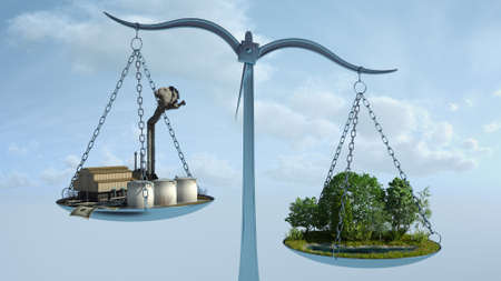 Industry and nature in the balance on blue backgroundの写真素材