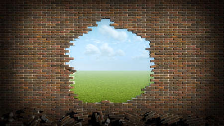 brick wall with hole 3d illustrationの写真素材