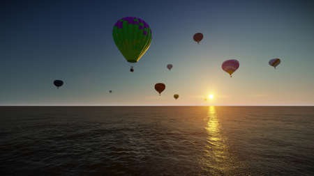 Hot air balloons above the sea 3d illustrationの写真素材