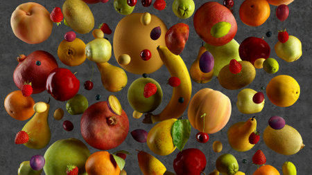 Many fruits falling 3d illustrationの写真素材